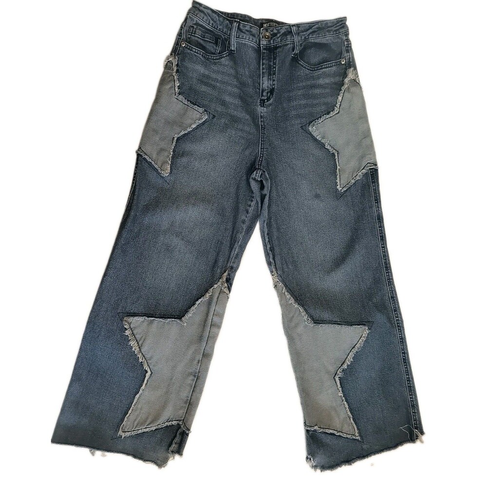 Hot Topic High Rise Baggy Jeans Wide Leg Star Raw Hem Blue size 11 Distressed